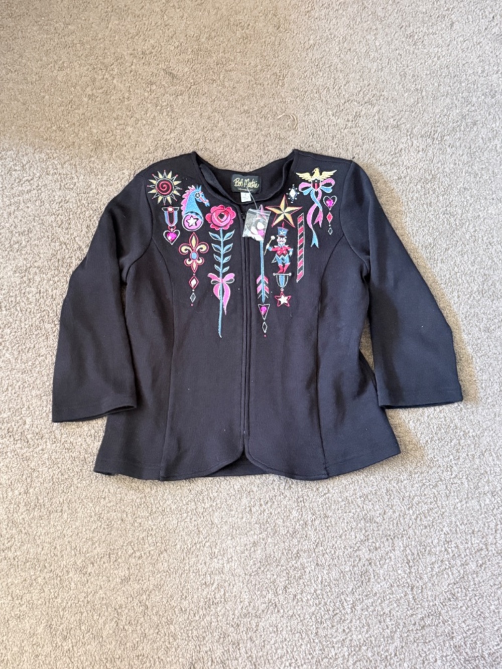 Vintage Bob Mackie Wearable Art Embroidered Soldier Theme Zip Up Cardigan SMALL